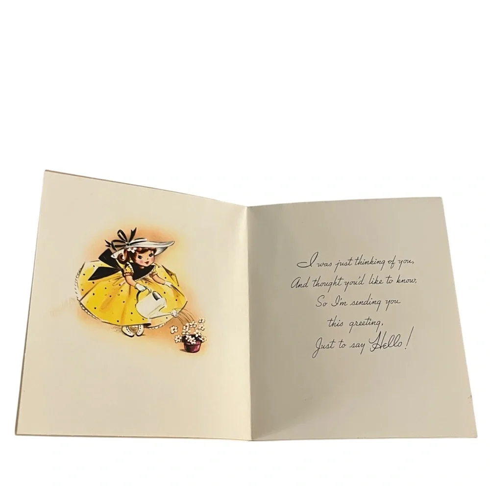 Unused Vintage 50s A Sunshine Greeting Card Thinking of You Yellow Dress